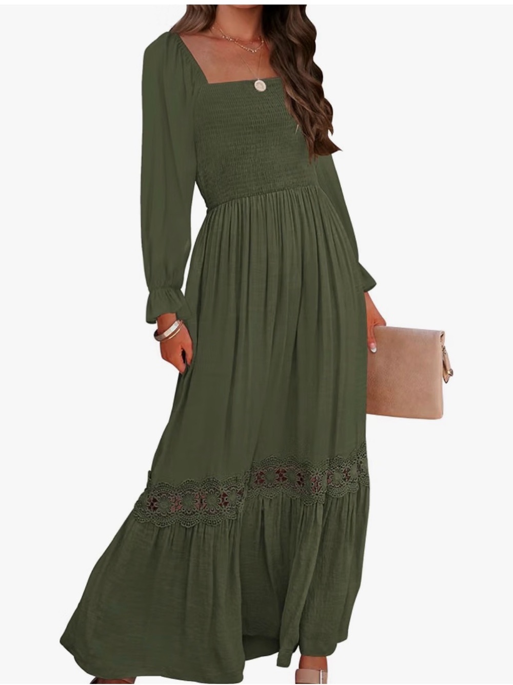 Long Sleeve Olive Green Maxi Dress with Smocked Bodice